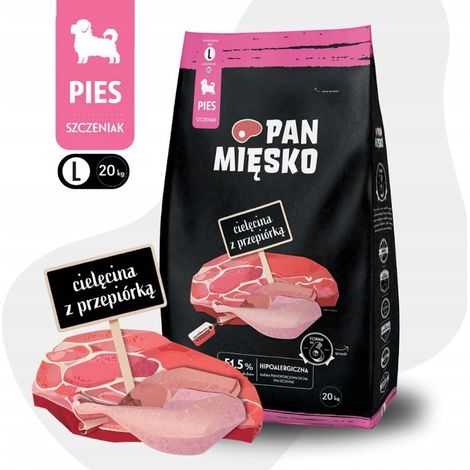 Alimento seco Pan Miesko para cachorros, sabor ternera y codorniz, razas grandes, L 20 kg.