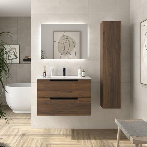 Mueble de Baño LENI 80cm Nogal 2 cajones Lavabo 1 poza Porcelana (1/5)