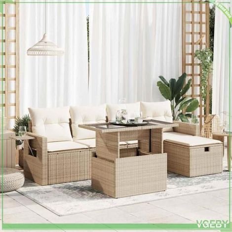 Salon de jardin - FAF7291712444838 - résine tressée beige - 6 places modulable - rangement sous siège (1/5)