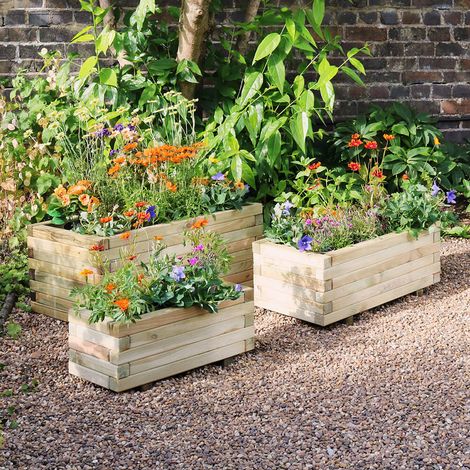 Zest Set of 3 Gresford Wooden Rectangular Garden Planters Flowers (1/5)