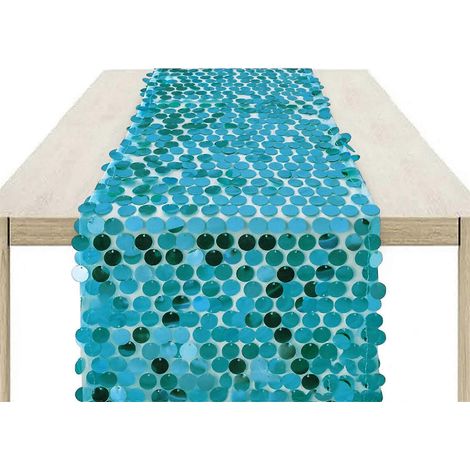 Chemin de table à sequins irisés, nappe, couvre-table pour mariages, anniversaires et fêtes, élégant motif sirènes, bleu lac (1/5)
