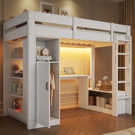 Lit mezzanine 90x200 avec armoire bureau étagères LED USB blanc (1/5)