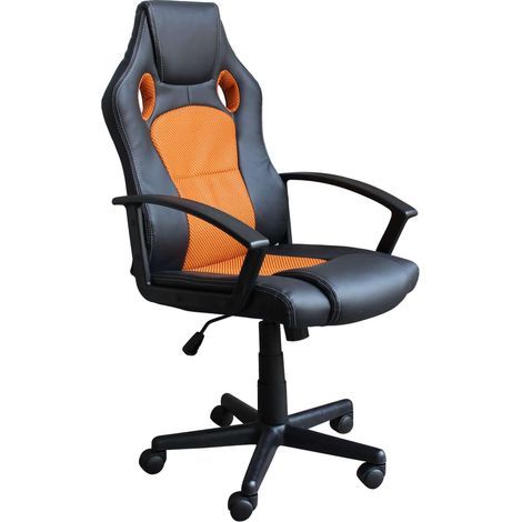 Poltrona da ufficio e gaming ergonomica in pelle nera e tessuto arancione Stark