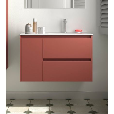 Noja Unterschrank 850 2 Schubladen 1 Tür li + Waschbecken Red Satin