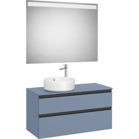 Pack meuble "The gap" 1000 pour vasque à gauche - 2 tiroirs + plan + miroir LED - bleu mat/ poignées noires - Roca (1/2)