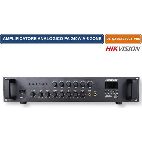 Hikvision DS-QAE0A240G1-VB6/EU Amplificatore PA analogico a 6 zone da 240 W con Bluetooth, USB, controllo del volume indipendente e montaggio rack (1/3)