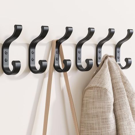 6 Pack Wall Mounted Coat Hooks - Black Wall Hooks for Hanging Coats, Screw-In Hangers for Towel, Clothes, Backpack, Purse, Robe, Key, Hat for Wall (1/5)