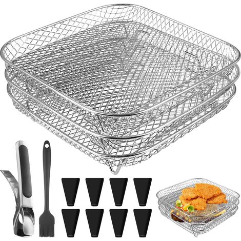 Lot de 3 racks à air en acier inoxydable 304 - Accessoires de rack - Panier empilable - Friteuse à air chaud carrée - Grille de cuisson - Avec pieds en silicone, pince, brosse (1/5)