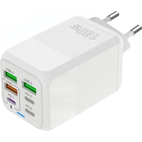 Chargeur USB C, 150W 6 Ports USB C Prise de Charge Rapide, Chargeur à 6 Ports (Port 3PD Type C + Port USB A 3QC), Compatible avec iPhone 11/12/13/14/15 series/XS/XR/8/iPad (1/4)