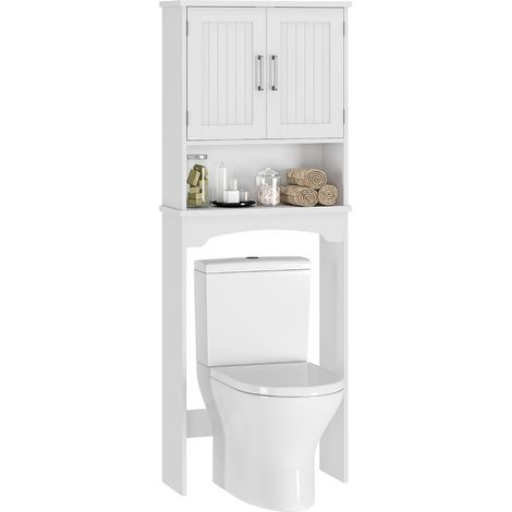 Meuble autoportant blanc au-dessus des toilettes avec double porte et étagère pour salle de bain (1/5)