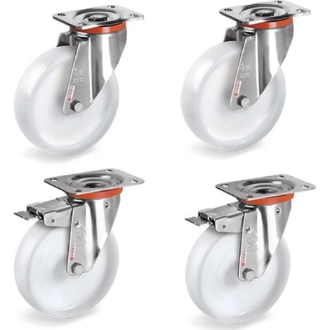 Lot de 4 roulettes INOX pivotantes et pivotantes à frein plastique blanc 80 mm - 450 Kg (1/3)