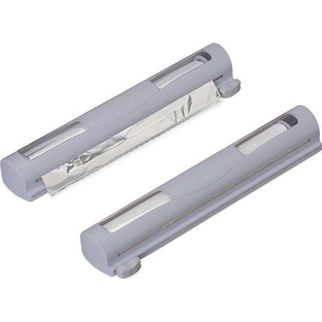 Relaxdays Distributeur film alimentaire, lot de 2, pour papier aluminium et cellophane, fenêtre de visualisation, gris (1/5)