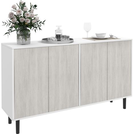 Credenza da cucina con 2 ante e ripiani regolabili, 121 x 37 x 75 cm, bianco e grigio effetto legno.
