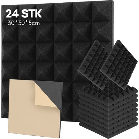 Randaco 24 pannelli acustici adesivi, Piramide 30 x 30 x 5 cm, pannelli fonoassorbenti per un efficace isolamento acustico, colore nero (1/5)