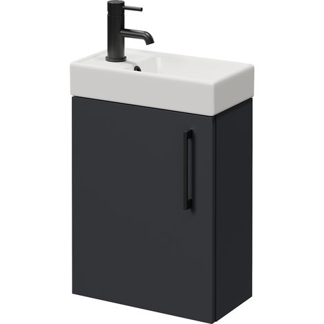 Napoli Cube Gloss Grey 400mm Wall Mounted Single Door Vanity Unit with Align Basin - 400mm - Matt Black 160mm Handle