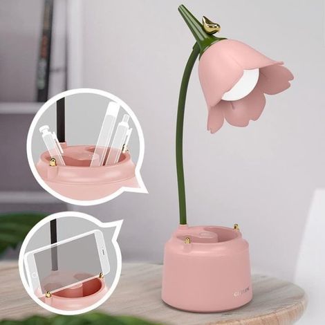 Lampada da scrivania a forma di fiore rosa, lampada LED ricaricabile per bambini, collo d'oca flessibile e regolazione continua dell'intensità luminosa, 3 modalità di colore con connessione USB, in si (1/5)