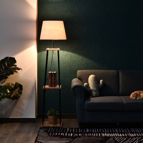 Lampadaire moderne en bois massif pin et métal noir, lin beige, 3 tablettes intégrées, 40x40x160 cm, 40W max, éclairage élégant salon (1/5)
