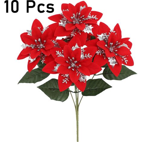 Poinsettia Artificielle - Fleur Synthétique Résistante Aux UV - Pour Extérieur Jardin Terrasse Balcon - 10 Bouquets (1/5)