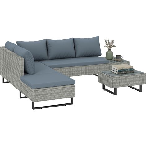 Salon de jardin angle résine tressée 5 places modulable méridienne réglable table composite gris