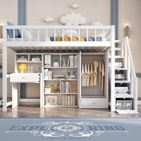 Lit mezzanine enfant 90x200cm - armoire avec tiroirs et meubles de rangement bureau, escalier de rangement, sommier à lattes, lit simple style contemporain, pin massif - blanc (1/5)
