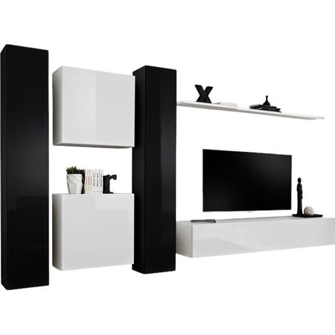 Ensemble meuble salon SWITCH VI design, coloris blanc et noir brillant.