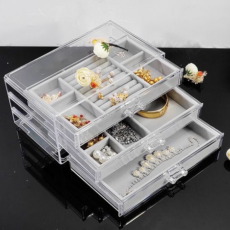 Boite à Bijoux avec 3 Tiroirs, Boite à Bijoux Femme Doublure en Velours, Organisateur à Bijoux, Boîtes de Rangement Acrylique pour Bagues, Boucles d'oreilles, Colliers, Gris