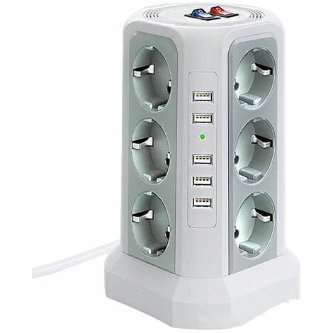 Tour multiprise parafoudre et surtension, Multiprise Electrique avec 5 Ports USB et 12 Prises, multiprise avec et 3 Interrupteurs, Blanc (1/5)