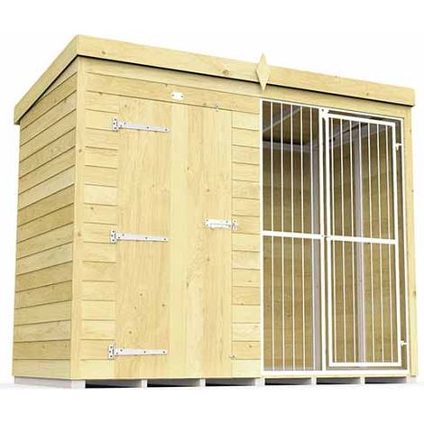 8ft X 4ft Dog Kennel and Run Full Height with Bars - Wood - L118 x W243 x H201 cm
