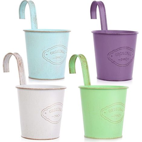 4 Pcs Pot de Fleurs Suspendu Métal avec Trou de Drainage,Pot de Fleur Métal Coloré avec Crochet Amovible, Style Vintage pour Décotation Balcon Jardin Mural Clôture Modèl-02 (1/5)