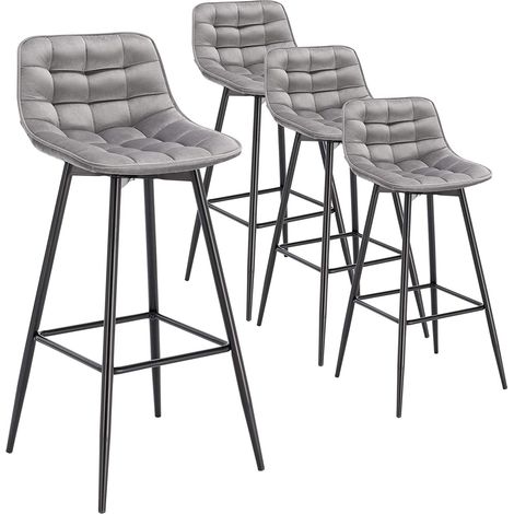 Woltu – Lot de 4 tabourets de bar en velours – Hauteur d'assise 64 cm – Cadre en métal robuste – Dossier ergonomique et repose-pieds – Gris clair