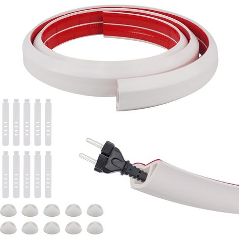2 M Cache Cable Sol, Flexible PVC Goulotte Passe Cable Sol, Cache Câble Mural en PVC, Passage de Câble Adhesif, avec 10 Bandes de Rangement, 10 Clips de Fixation, 20 mm (W) x 10 mm (H), Blanc (1/5)