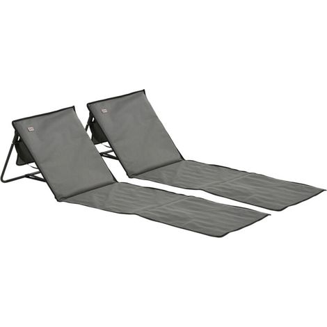 2 chaises longues de plage démontables et réglables, acier gris, sac de transport, poche rangement, dimensions 142x51x40 cm (1/4)