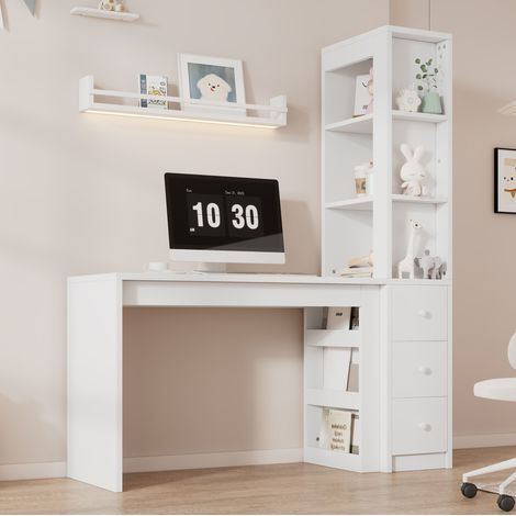 Scrivania con libreria, 120 cm, 3 cassetti e vani laterali, in MDF bianco, per uso quotidiano (1/5)