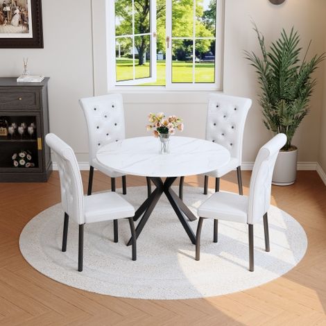Ensemble de salle à manger avec table ronde en marbre et 4 chaises blanches, ensemble de cuisine moderne en similicuir capitonné avec pieds en métal pour salle à manger et cuisine