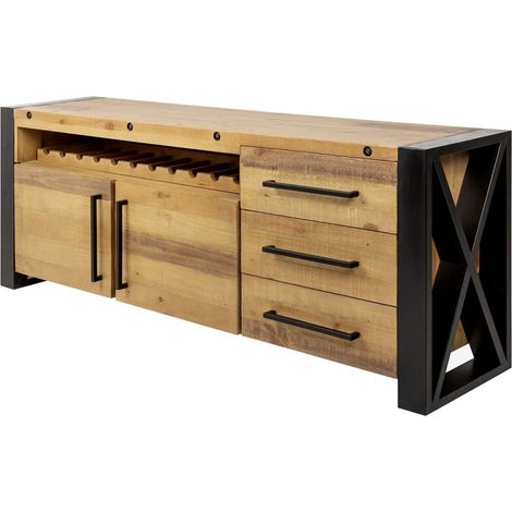 Buffet CAVARA 195 cm – Pino massiccio marrone vintage e metallo nero – 2 porte, 3 cassetti e portabottiglie