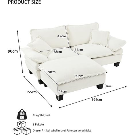 Canapé d'angle nuage en chenille avec ottoman et coussins doux. Confortable pour aménager salon et appartements contemporains, beige