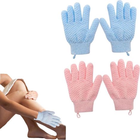2 paires - Gants exfoliants - Gants de massage nettoyants exfoliants - Gants de bain - À suspendre - Bleus et roses - 12 x 19,5 cm - Conviennent pour le corps et le visage (1/4)