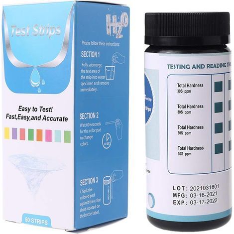 Lot complet de 50 bandelettes de test de dureté de l'eau. Kit de test de dureté de haute qualité adapté aux adoucisseurs d'eau, lave-vaisselle, puits, spas et piscines. (1/5)