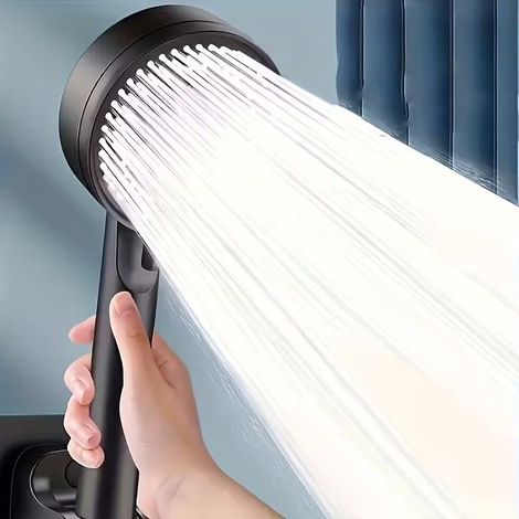 Pommeau de douche haute pression 5 jets, pression d'eau augmentée de 380 % – Effet pluie – Convient pour la salle de bain – Noir (1/4)