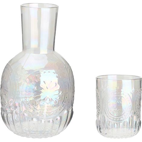 Set composto da brocca e bicchiere, caraffa per l'acqua da comodino, bottiglia in cristallo in stile retrò con decorazione in rilievo per succhi di frutta, colore bianco. (1/5)