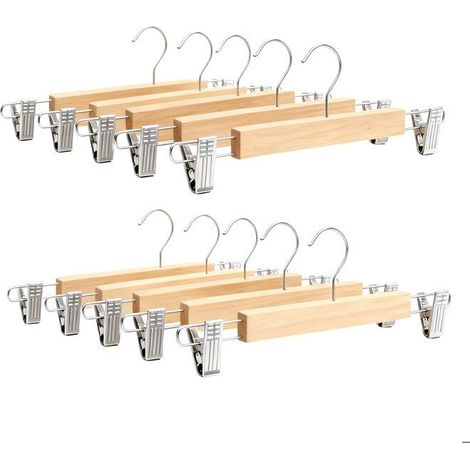10 cintres à pinces pour pantalons, bois & fer, 2 pinces réglables par cintre, 12x36x1,2 cm, idéal armoire et dressing (1/5)
