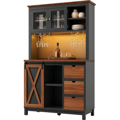 Aparador alto de cocina con LED y control por app 104x40x180 cm MDF metal y vidrio negro HOMVRA (1/5)
