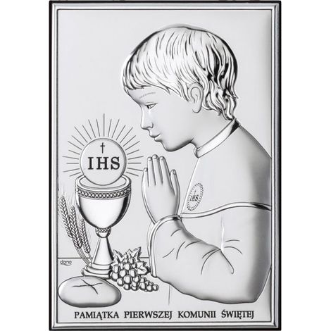 Quadro in argento con un bambino, ricordo della Prima Comunione + incisione DS04O 7 x 9,5 cm (1/5)