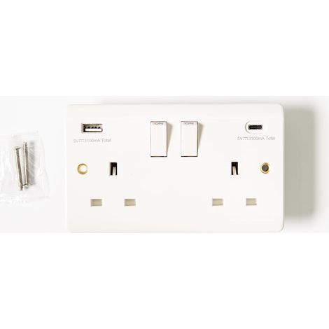 Double prise USB – 13 A avec 2 ports de charge rapide USB – Prise murale à double interrupteur avec ports USB de 3,1 A compatible avec iPad, iPhone, tablette mobile (1/5)