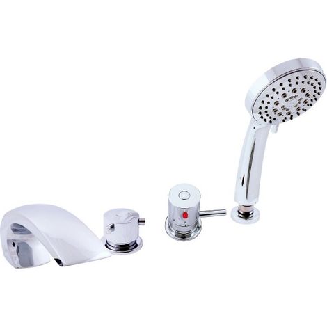 Mitigeur baignoire thermostatique avec cascade 4 trous en laiton chromé (1/5)