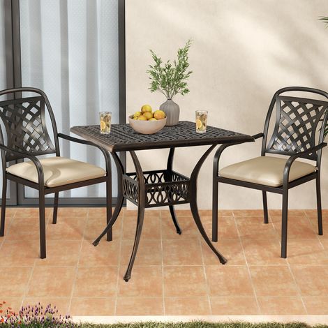 Table de Patio en Aluminium Coulé Table Bistro Carrée avec Trou pour Parasol de 4,8 cm Table de Jardin Antique pour 4 Personnes 80×80×75 cm (1/2)
