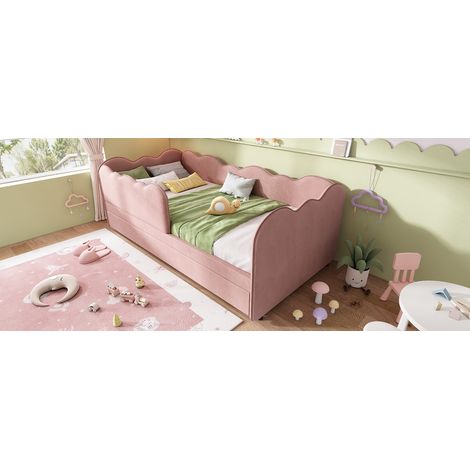 Lit banquette enfant rose 90 x 190 cm en velours avec lit gigogne et sommier à lattes pour chambre et salon (1/5)