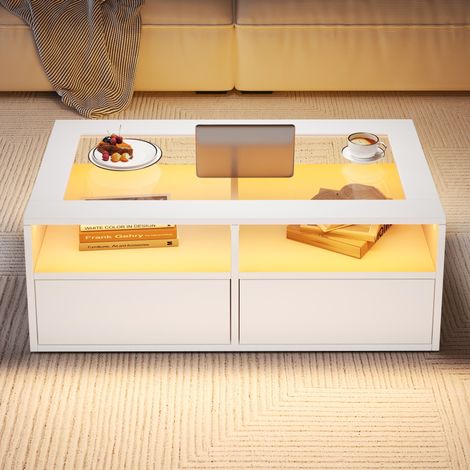 Tavolino 100x50x35 cm con illuminazione LED, 2 cassetti, elementi in vetro e vano portaoggetti aperto, bianco (1/5)