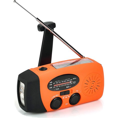 Radio solaire avec dynamo à manivelle, batterie externe, AM/FM, indicateur météo, lampe torche LED, outil pour activités de plein air. (1/3)