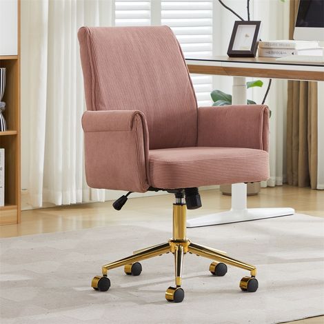 Chaise de Bureau Ergonomique - Hauteur Réglable & Dossier Moyen - Tissu Velours Côtelé avec Base Dorée - Rose (1/5)